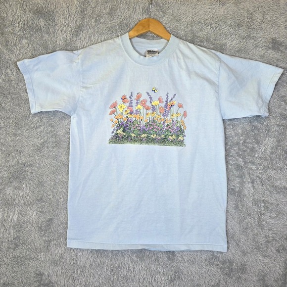 Gildan Tops - Vtg 1990s Wildflower Garden T Shirt Christina Martin Nature Butterfly Blue Large